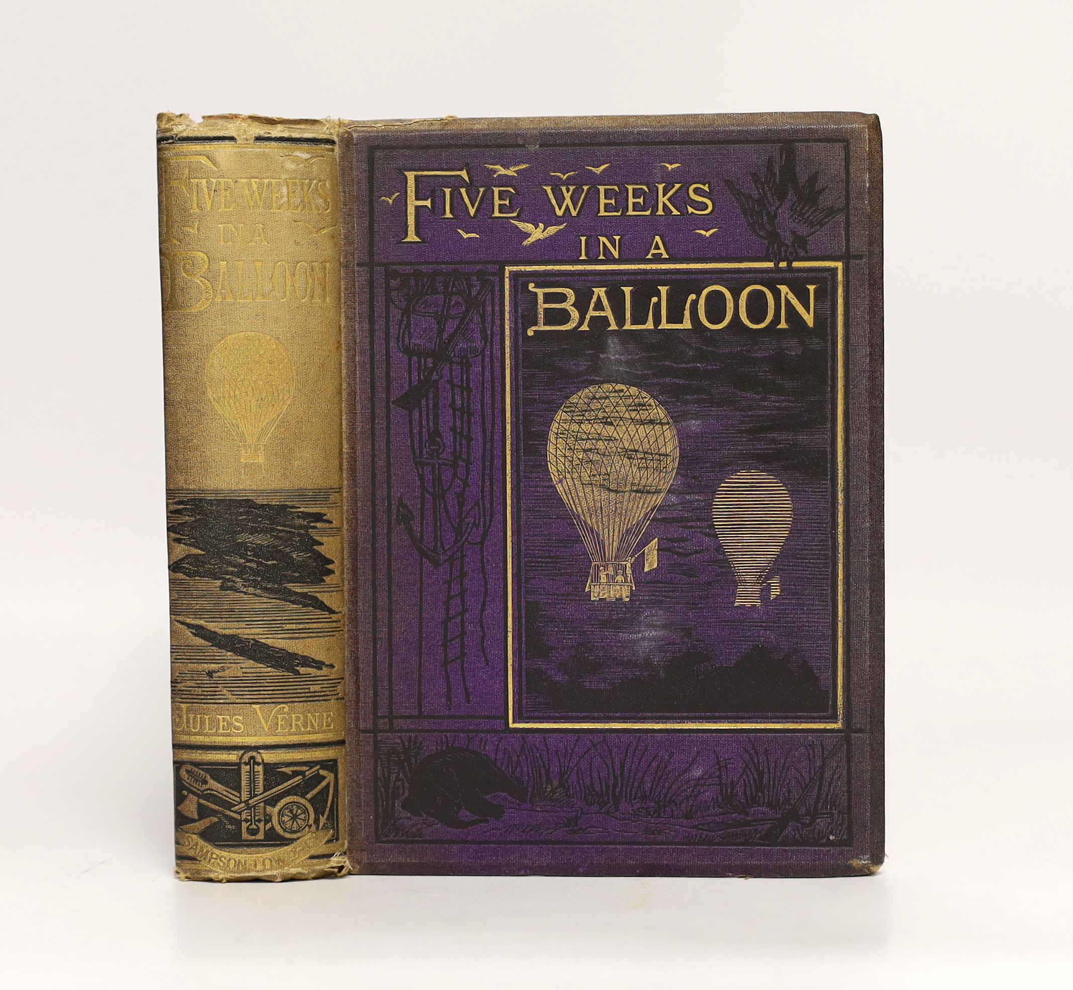 Verne, Jules - Five Weeks in a Balloon: a voyage of exploration and discovery in Central Africa ....2nd edition. 35 wood engraved plates and num. text illus.; publisher's gilt pictorial cloth, ge., cr.8vo. 1874